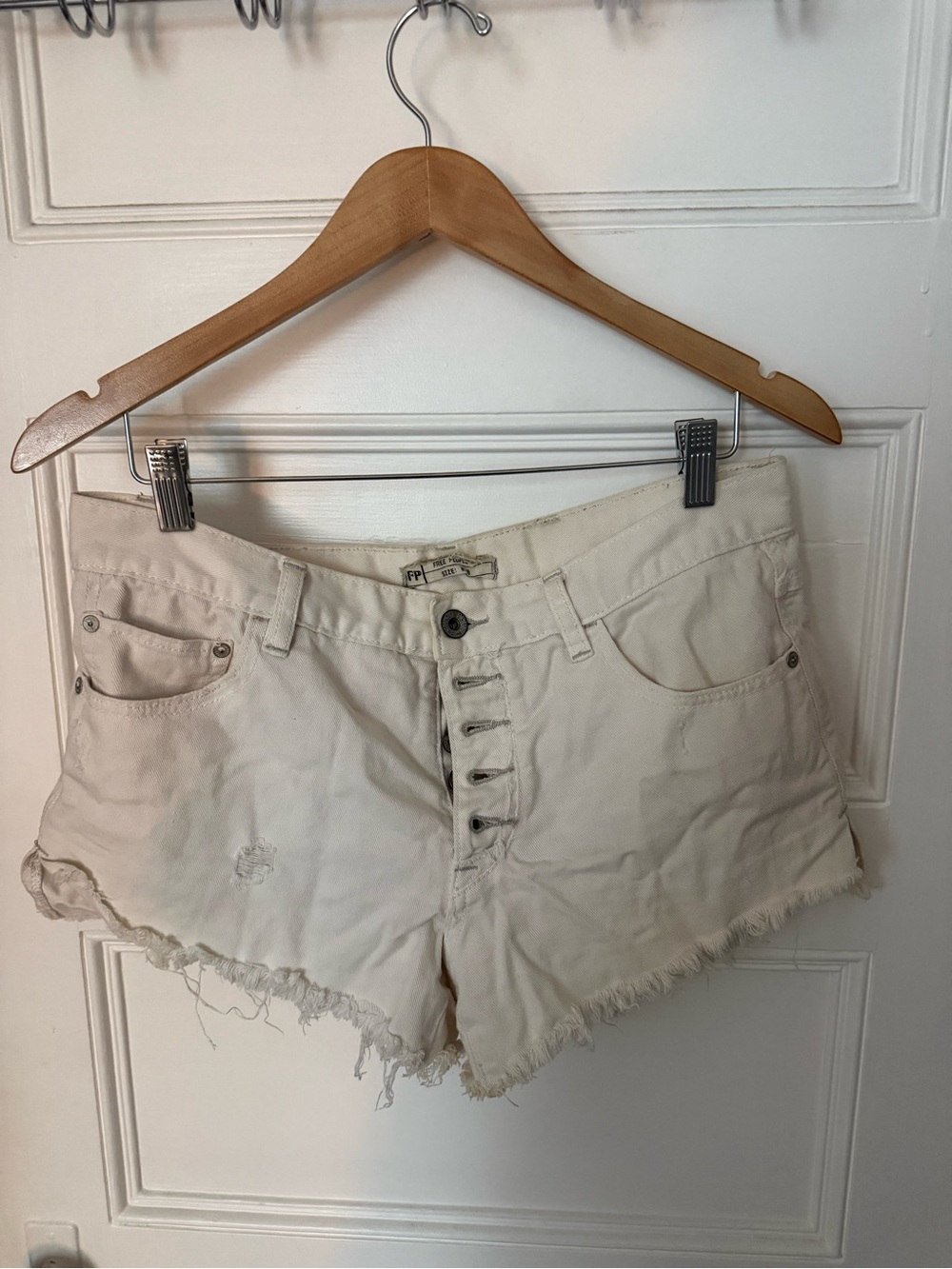 Free People Cream High-Rise Raw Hem Jean Shorts